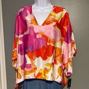 Natori Pink and Orange Flutter Sleeve Blouse